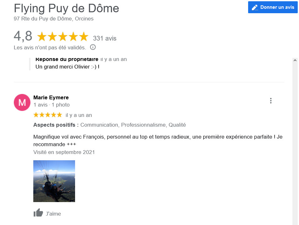 Avis Google Biplace Parapente Flying Puy De Dome Marie