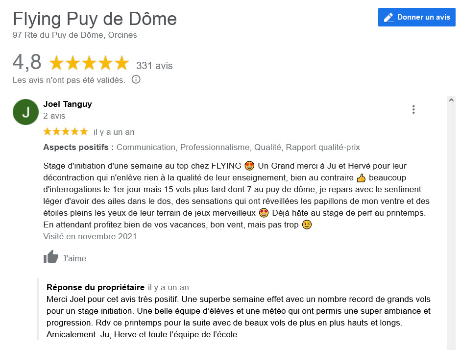 Avis Google Stage Parapente Flying Puy De Dome Joel