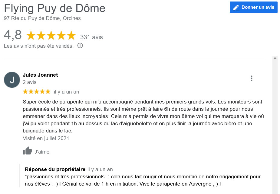 Avis Google Stage Parapente Flying Puy De Dome Jules
