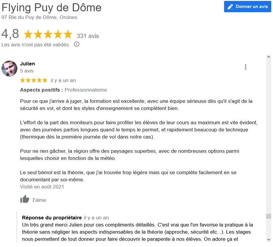 Avis Google Stage Parapente Flying Puy De Dome Julien