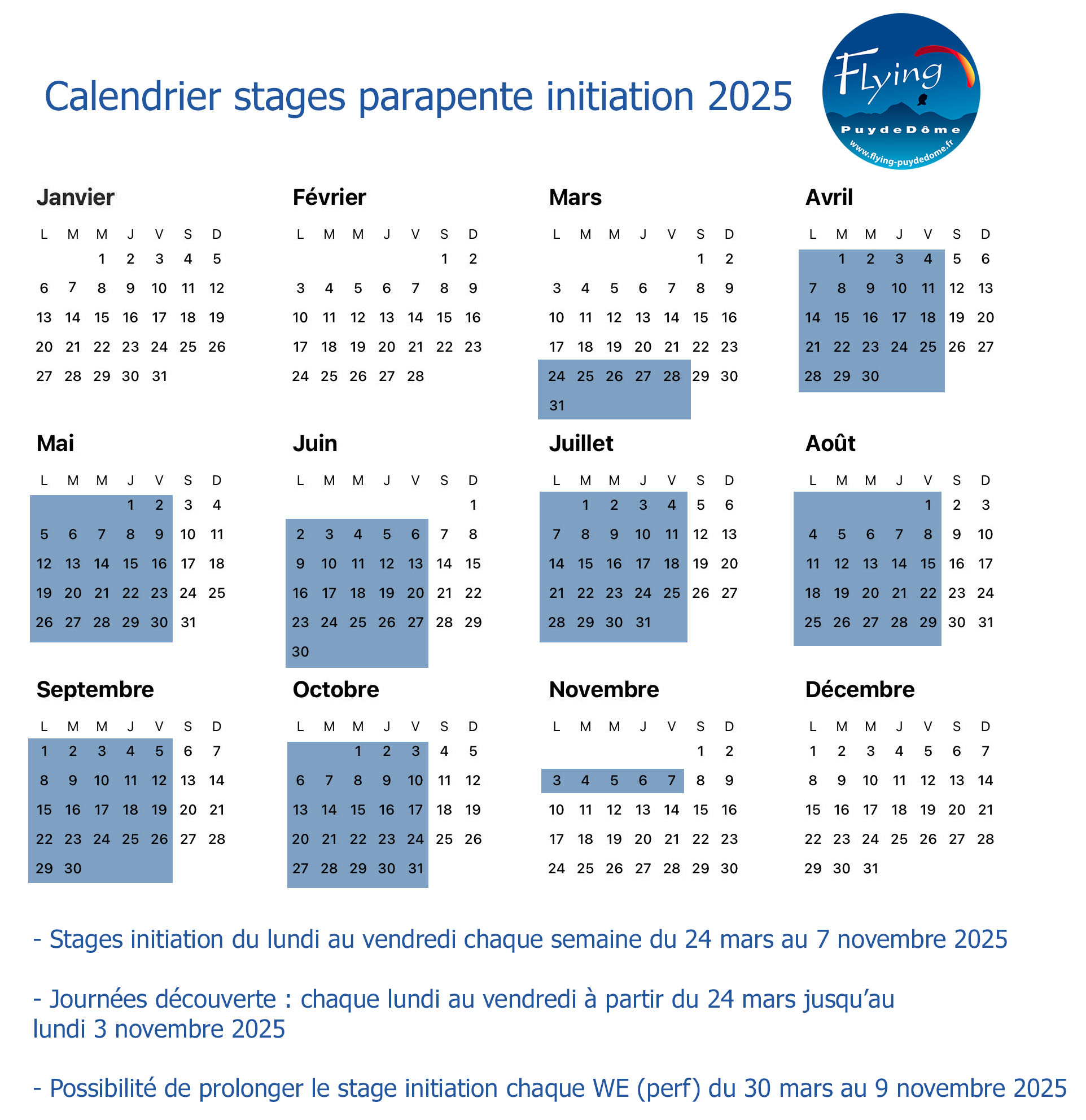 Calendrier stage initiation 2025 FPDD