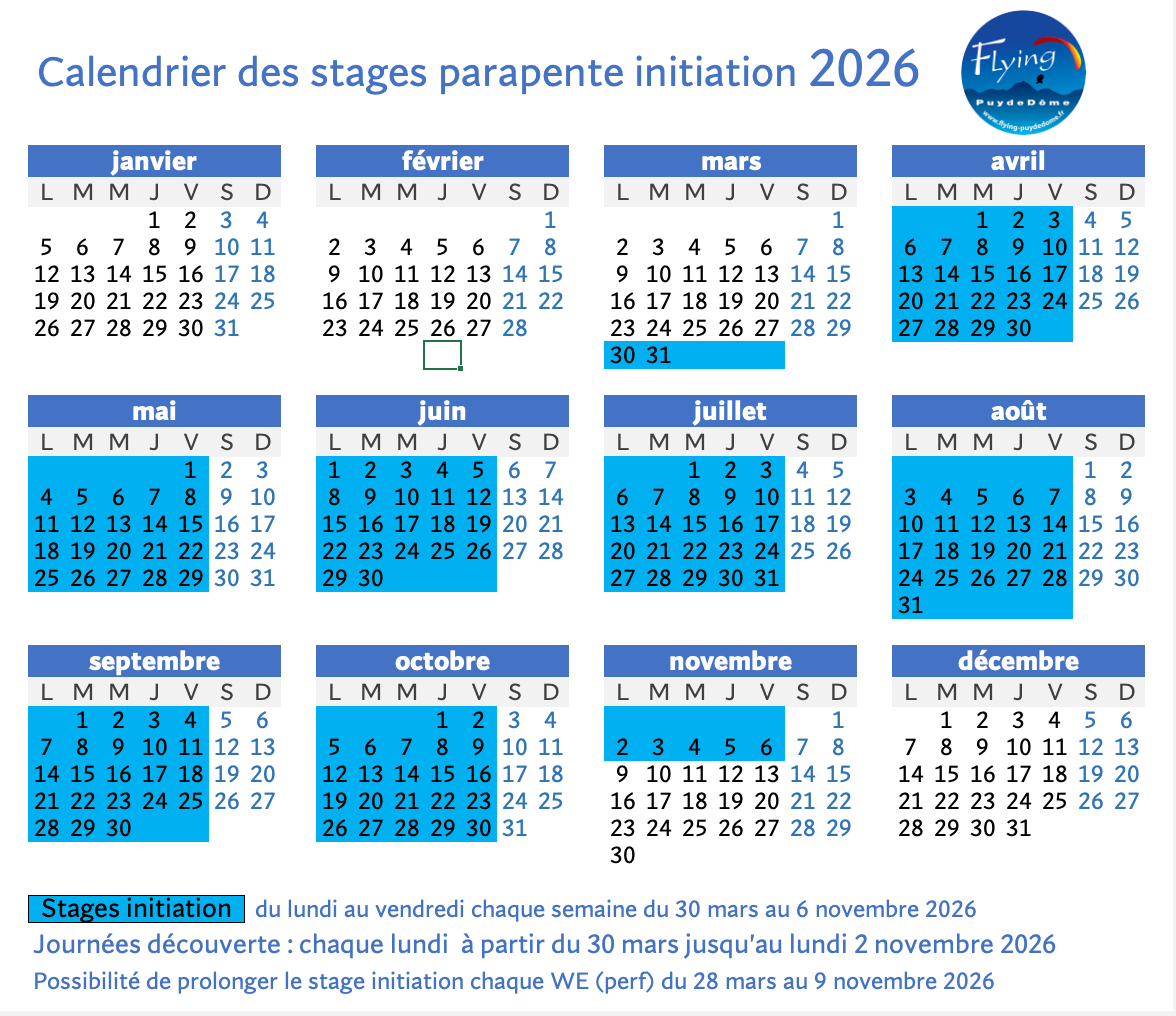 calendrier stages parapente initiation 2026
